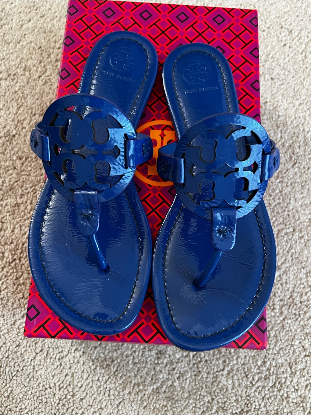 Tory Burch Bright Blue Patent Leather Miller Thong Sandals